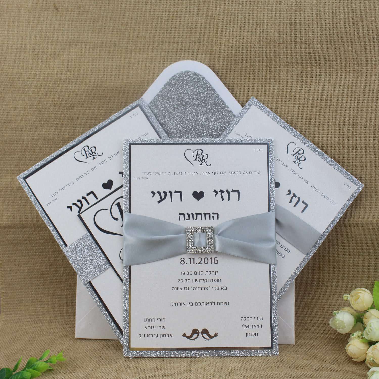Glitter Wedding Invitation Rectangle Silvery Invitation with Envelope Customized Decoration 